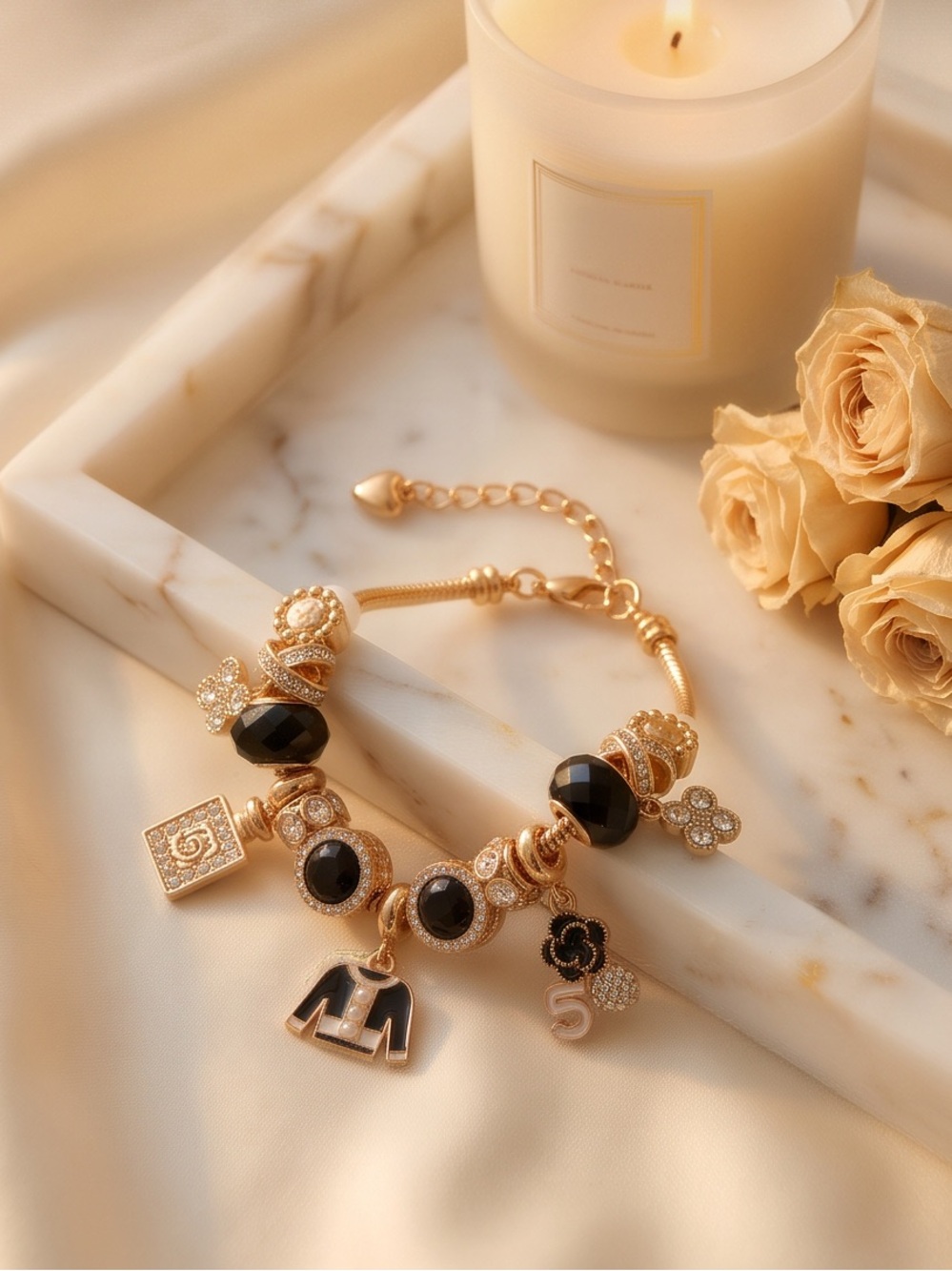 Elegant Gold & Black Designer-Inspired Charm Bracelet (Adjustable 6"–8")